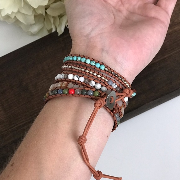 5x Leather Wrap Bracelet with Turquoise Accent - Picture 3 of 3